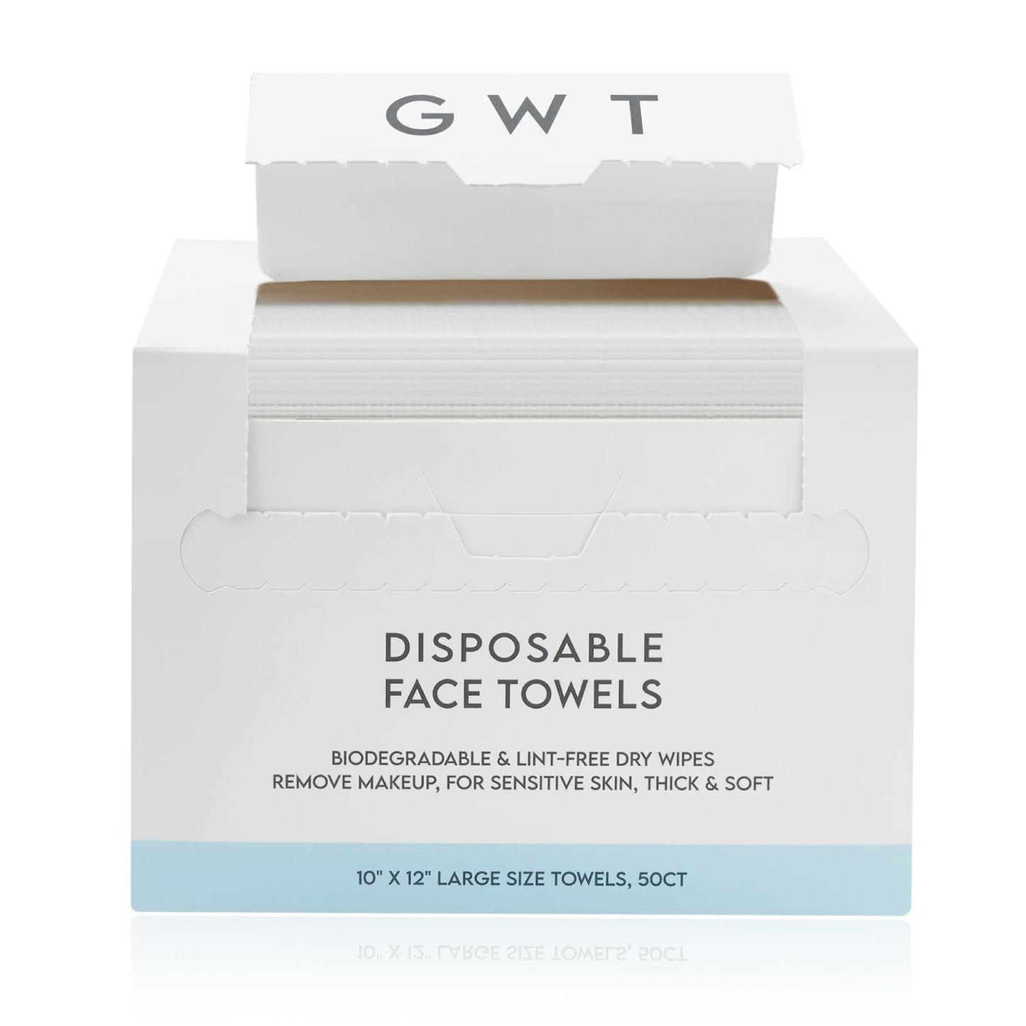 GWT Clean Disposable Face Towels, Biodegradable & Lint-Free Dry Wipes, Remove Makeup, For Sensitive Skin, Thick & Soft, 10" x 12" Large Size Towels, 50CT