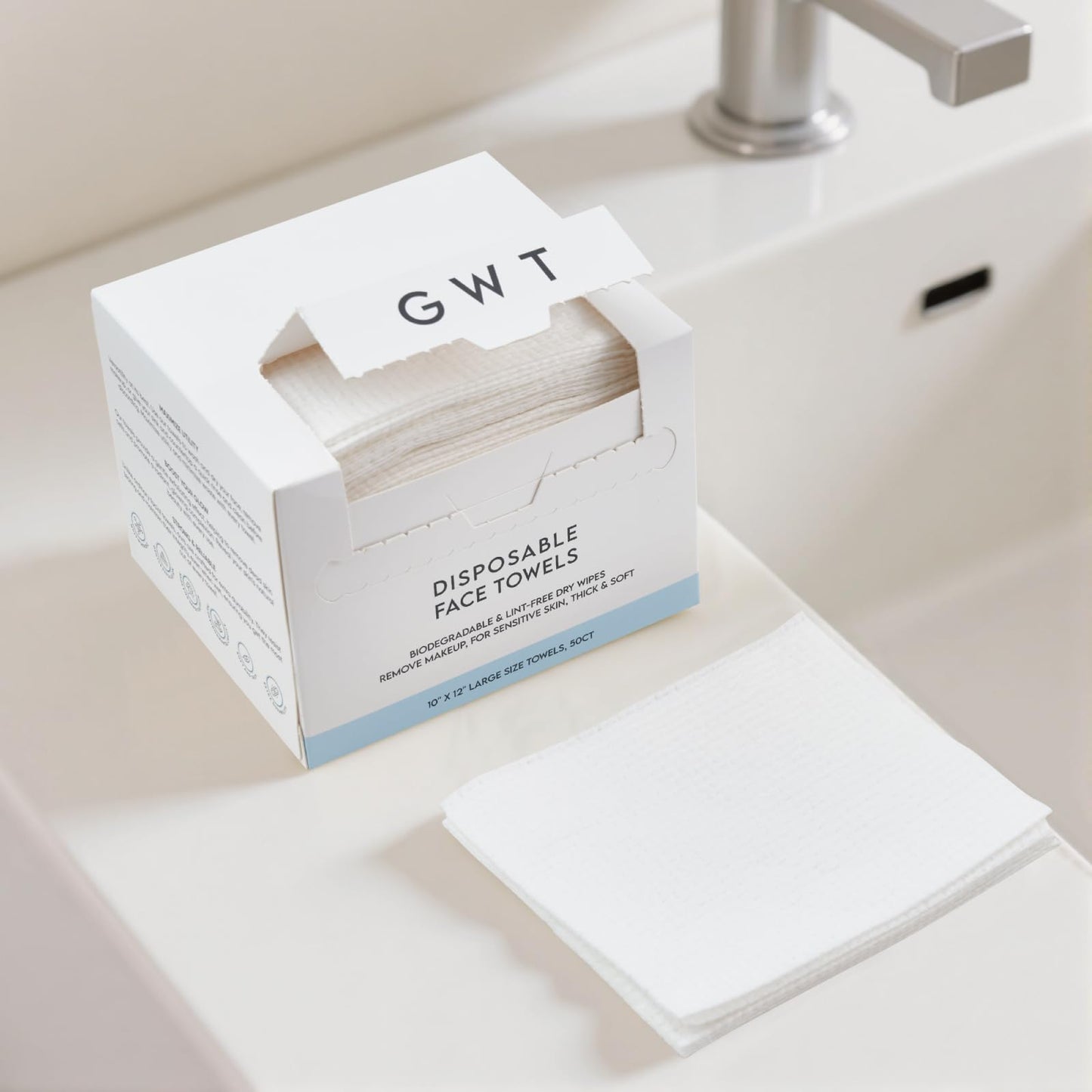 GWT Clean Disposable Face Towels, Biodegradable & Lint-Free Dry Wipes, Remove Makeup, For Sensitive Skin, Thick & Soft, 10" x 12" Large Size Towels, 50CT