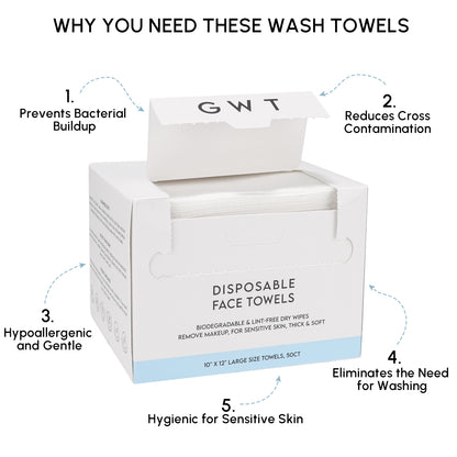 GWT Clean Disposable Face Towels, Biodegradable & Lint-Free Dry Wipes, Remove Makeup, For Sensitive Skin, Thick & Soft, 10" x 12" Large Size Towels, 50CT