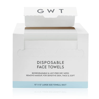 GWT Clean Disposable Face Towels, Biodegradable & Lint-Free Dry Wipes, Remove Makeup, For Sensitive Skin, Thick & Soft, 10" x 12" Large Size Towels, 50CT