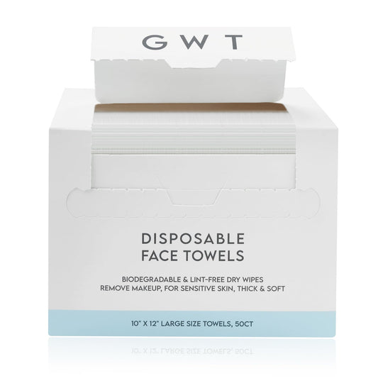 GWT Clean Disposable Face Towels, Biodegradable & Lint-Free Dry Wipes, Remove Makeup, For Sensitive Skin, Thick & Soft, 10" x 12" Large Size Towels, 50CT